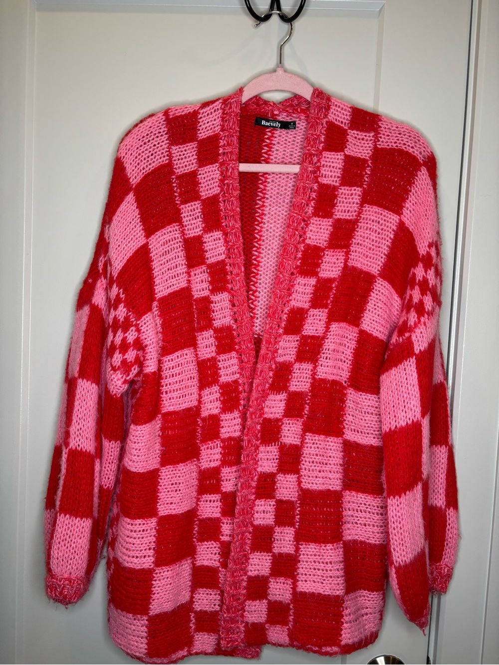 Baevely Red & Pink Checker Knit Open-Front Cardigan